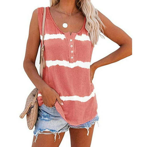 Women's Summer Boho Tie Dye Sleeveless Tank Tops Button Blouse Loose Casual Striped Vest T-shirt Plus Size