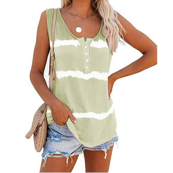 Women's Summer Boho Tie Dye Sleeveless Tank Tops Button Blouse Loose Casual Striped Vest T-shirt Plus Size