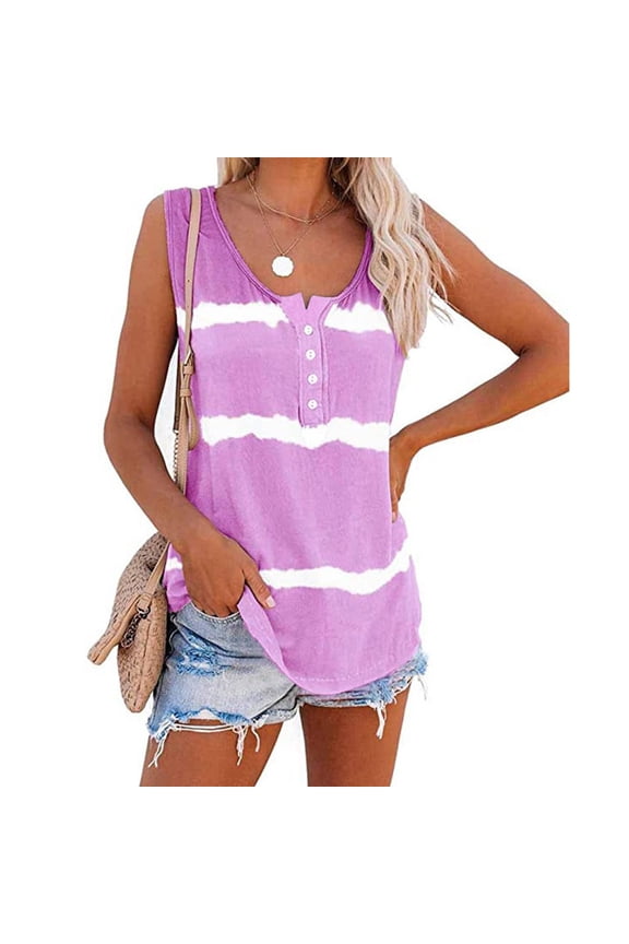 Women's Summer Boho Tie Dye Sleeveless Tank Tops Button Blouse Loose Casual Striped Vest T-shirt Plus Size
