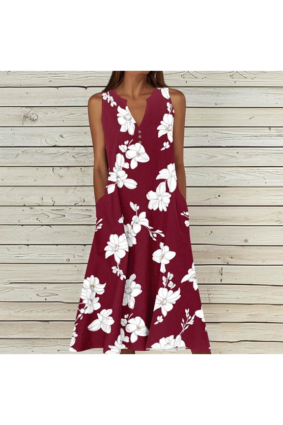 Women's Summer Bohos Dresses Oversized V Neck Floral Printed Sleeveless Beach Sundress Womens Casual Plus Size Loose Fits Comfy Lightweight Vacation Dress