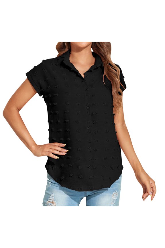 Women's Summer Breathable Loose Casual Button Solid Short Sleeved Wool Ball Shirt Blouse Tops Black