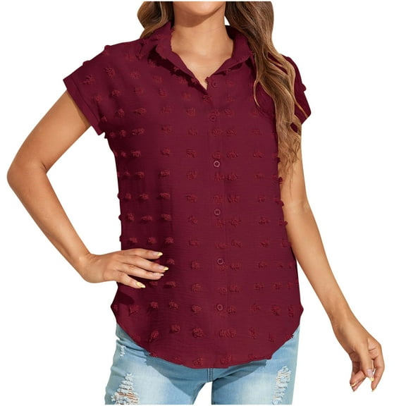 ZQUUVOU Women's Summer Breathable Loose Casual Button Solid Short Sleeved Wool Ball Shirt Blouse Tops Burgundy