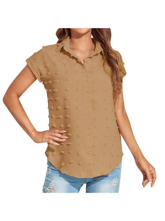Women's Summer Breathable Loose Casual Button Solid Short Sleeved Wool Ball Shirt Blouse Tops Khaki