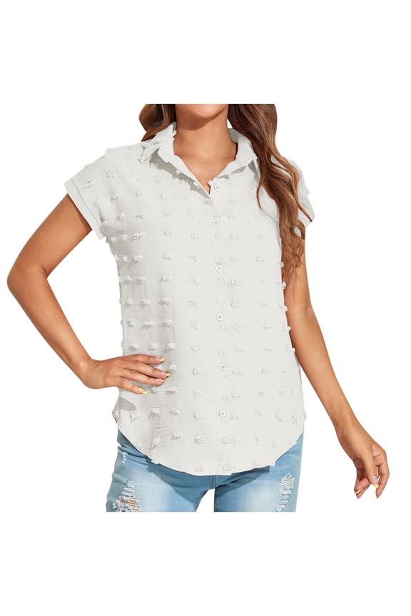 Women's Summer Breathable Loose Casual Button Solid Short Sleeved Wool Ball Shirt Blouse Tops White