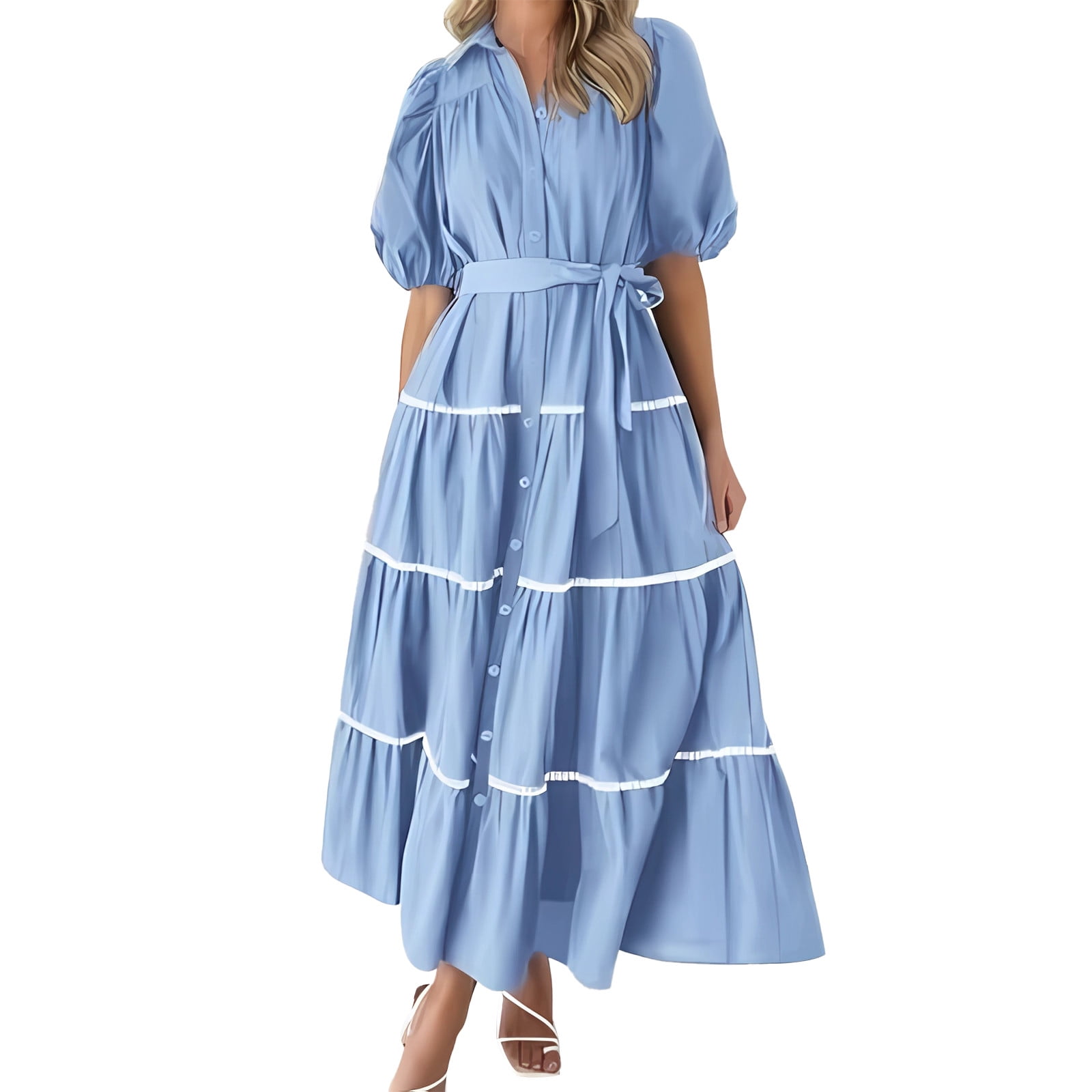 Women's Summer Button Down Shirt Dress Short Puffy Sleeve Tiered Ruffle