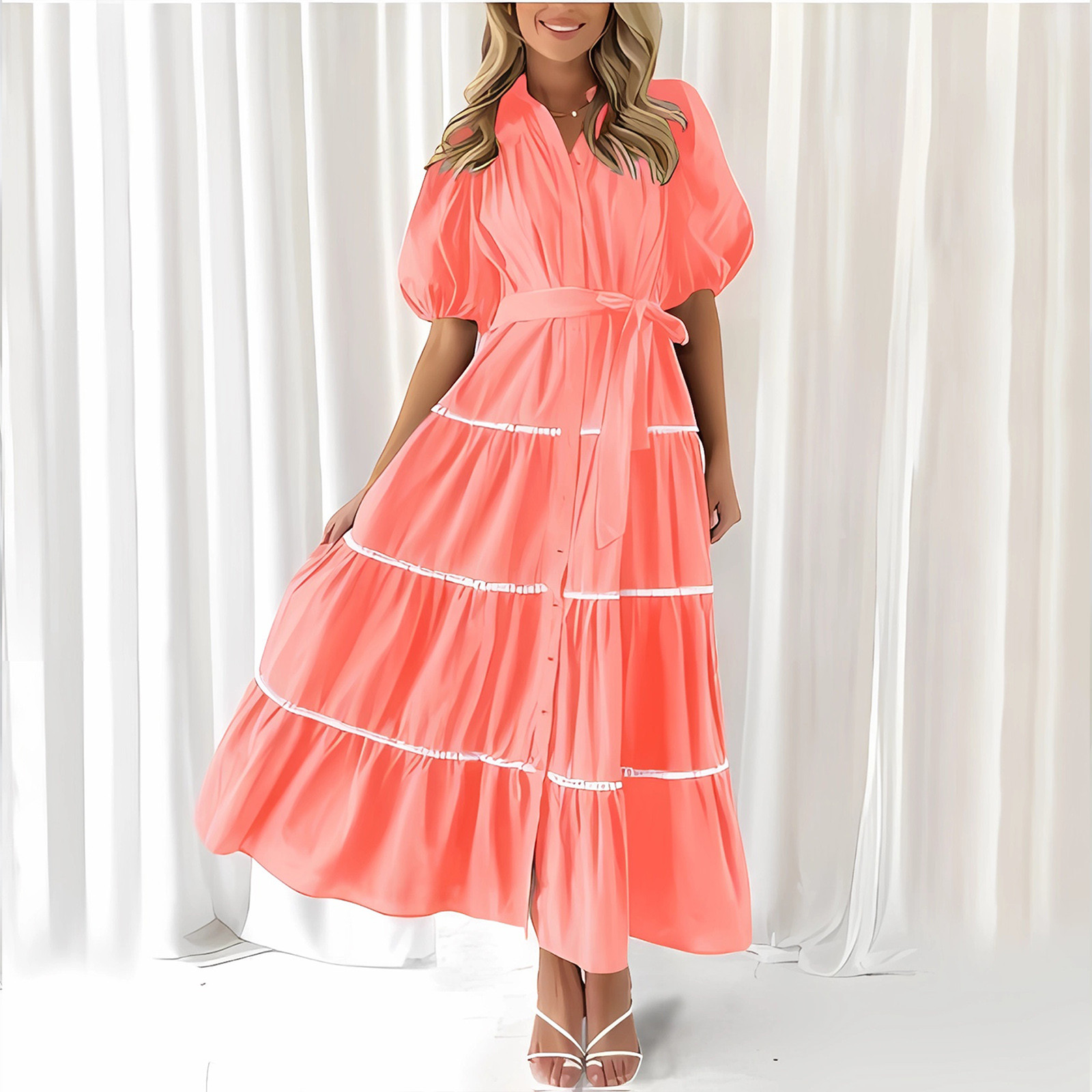 Women's Summer Button Down Shirt Dress Short Puffy Sleeve Tiered Ruffle