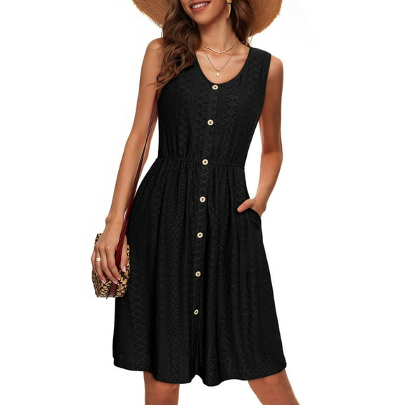 Women's Summer Button-Down Sleeveless Dress - Breathable Crochet Beach Cover Up Dress with Single Row Buttons