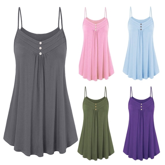 Women's Summer Button V Neck Pleated Spaghetti Strap Camisole Tank Tops