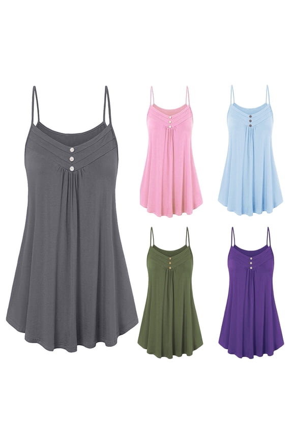 Women's Summer Button V Neck Pleated Spaghetti Strap Camisole Tank Tops