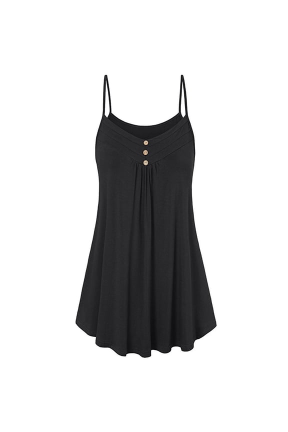 Women's Summer Button V Neck Pleated Spaghetti Strap Camisole Tank Tops