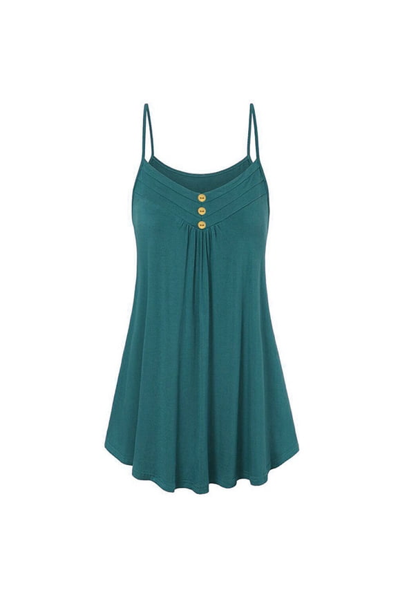 Women's Summer Button V Neck Pleated Spaghetti Strap Camisole Tank Tops