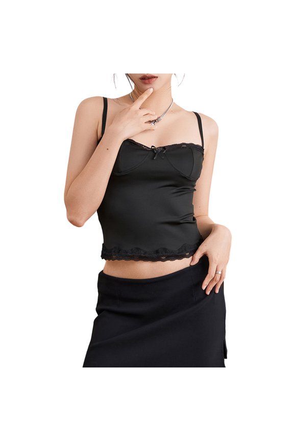 Women's Summer Cami Tops, Sleeveless Square Neck Bow Front Lace Patchwork Camisole