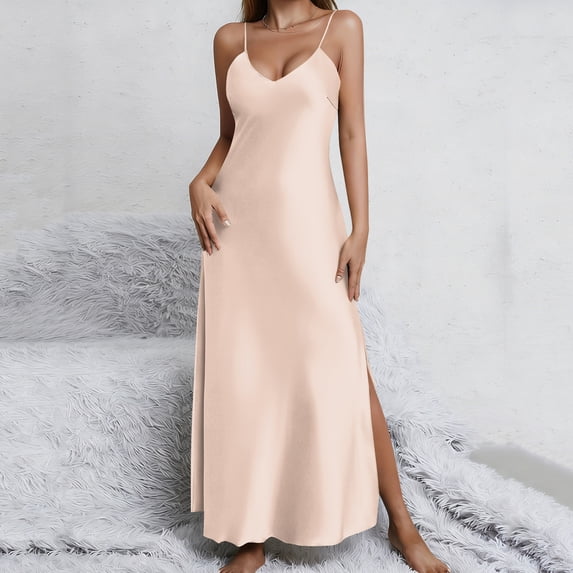 Women's Summer Camis Nightgowns Dresses Split Slit V Neck Satin Spaghetti Strap Pajamas Long Dress Womens Casual Solid Plus Size Lightweight Comfy Lounge Dresses
