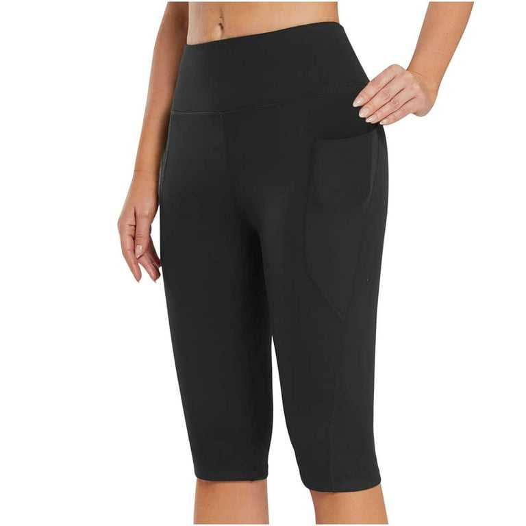 Womens Knee Length Yoga Pants with Pockets, Workout Running Yoga Leggings  Cropped Tights for Women