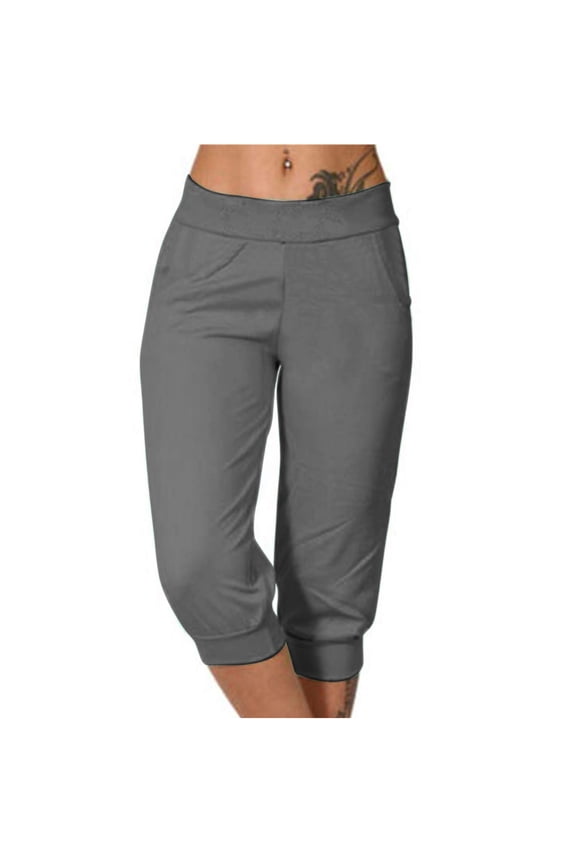 Women's Summer Capri Pants 3/4 Length Cropped Pants with Pockets Solid Color Loose Fit Activewear Yoga Pants Dark Gray XL