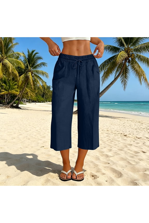 Women's Summer Capri Pants, Cotton Linen Blend Pull on Capris with Pockets, Elastic Waist Drawstring Casual Cropped Pants for Daily Wear, Breathable Relaxed Fit Bottom for Warm Weather