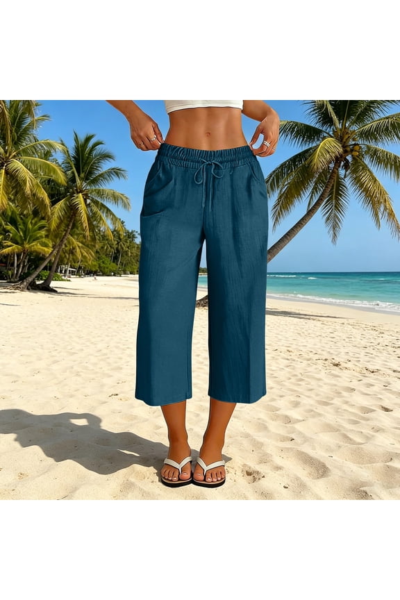 Women's Summer Capri Pants, Cotton Linen Blend Pull on Capris with Pockets, Elastic Waist Drawstring Casual Cropped Pants for Daily Wear, Breathable Relaxed Fit Bottom for Warm Weather