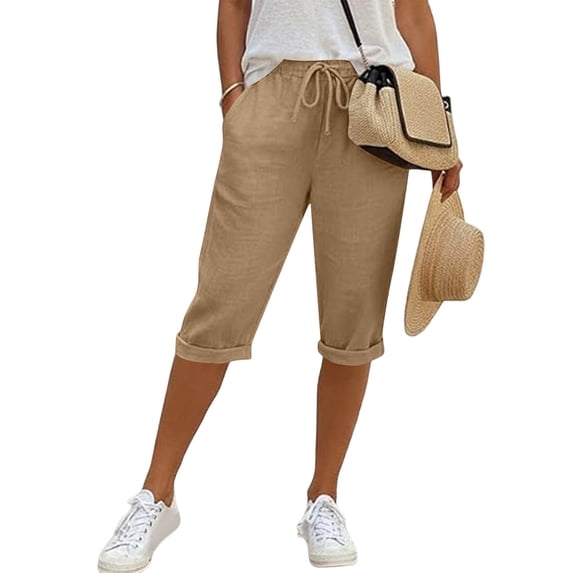 Women's Summer Capri Pants Linen Like Drawstring Elastic Waist Capris Pant Womens Casual Solid Loose Fits Lightweight Breathable Comfy Cropped Trousers