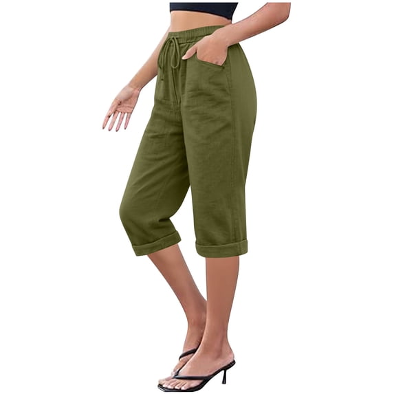 Women's Summer Capri Pants Linen Like Drawstring Elastic Waist Capris Pant Womens Casual Solid Loose Fits Lightweight Breathable Comfy Cropped Trousers