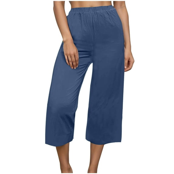 Women's Summer Capri Pants Loose Fit 3/4 Length Pant Cotton Linen Wide Leg Cropped Pants Drawstring Waist Capris with Pockets