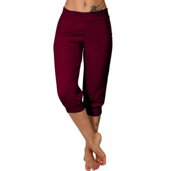 Women's Summer Capri Pants Loose Fit Cropped Trousers with Pockets Drawstring Elastic Waist Joggers Pants Wine XXXL