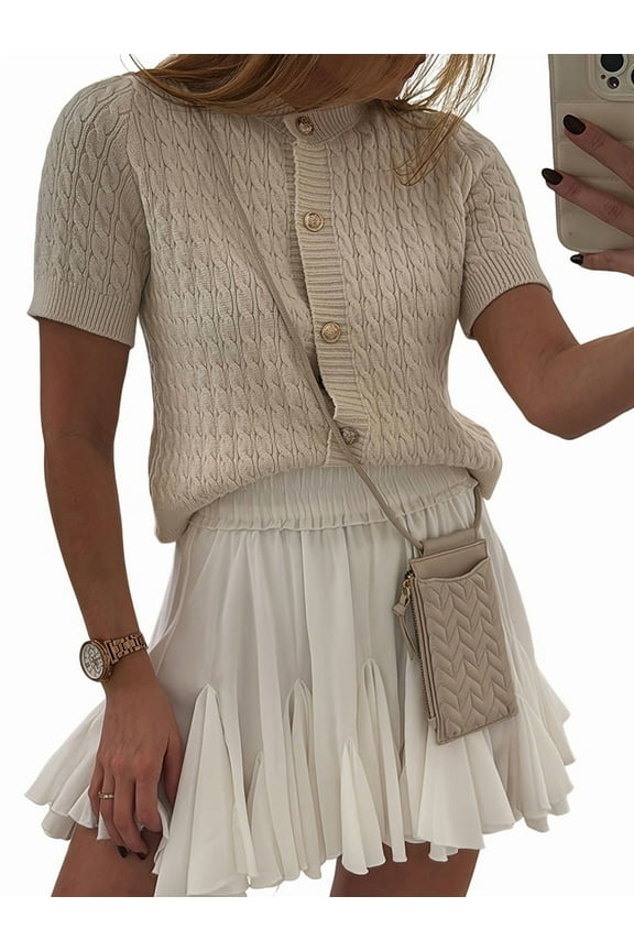 Women's Summer Cardigan Short Sleeve Cropped, Lightweight Cable Knit Button Down Sweater Top, Crewneck Open Front Apricot S