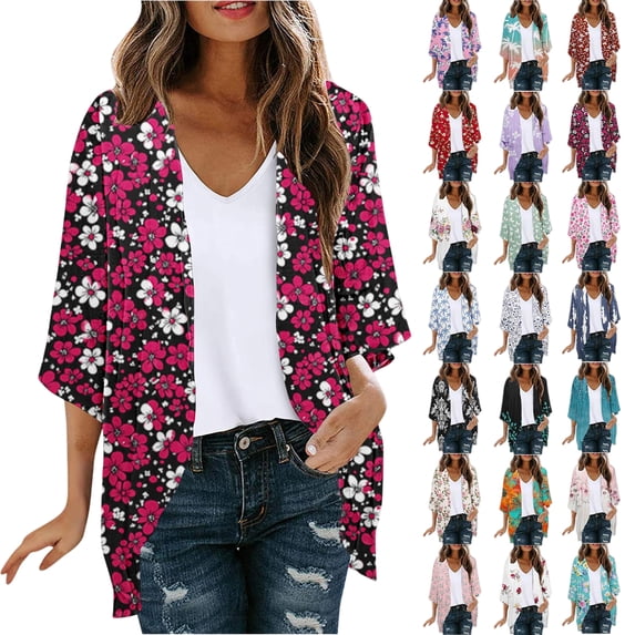 Women's Summer Cardigan Tops Plus Size Print Sunscreen 3/4 Sleeve Cover Up Cardigan Top