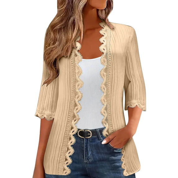 Women's Summer Cardigans Lightweight 3/4 Sleeve Button Front Crochet Sweater Shrugs
