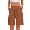 thumbnail image 1 of Women's Summer Cargo Shorts Elastic Waist Drawstring Button Bermuda Shorts Casual Solid Loose Fits Lightweight Comfy Knee Length Cargo Short with Pockets, 1 of 7