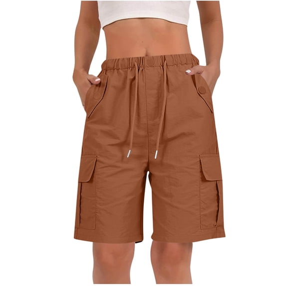 Women's Summer Cargo Shorts Elastic Waist Drawstring Button Bermuda Shorts Casual Solid Loose Fits Lightweight Comfy Knee Length Cargo Short with Pockets