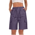 thumbnail image 1 of Women's Summer Cargo Shorts Elastic Waist Drawstring Button Bermuda Shorts Casual Solid Loose Fits Lightweight Comfy Knee Length Cargo Short with Pockets, 1 of 6