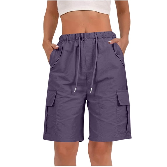 Women's Summer Cargo Shorts Elastic Waist Drawstring Button Bermuda Shorts Casual Solid Loose Fits Lightweight Comfy Knee Length Cargo Short with Pockets