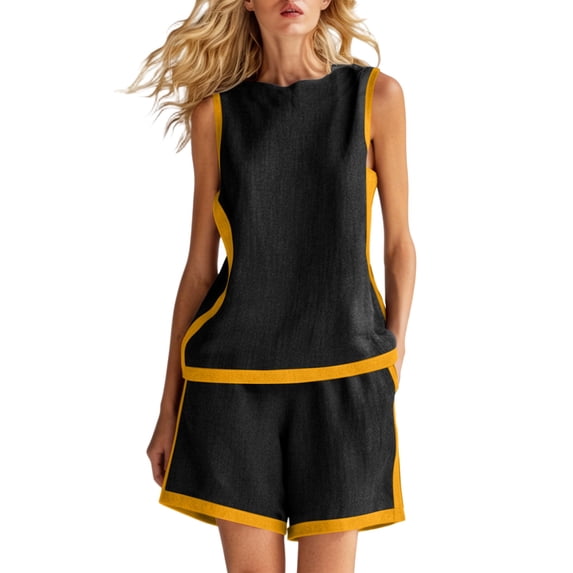Women's Summer Casual 2 Piece Outfits Color Block Trim Sleeveless Crewneck Tank Tops and Wide Leg Shorts Sets Lounge Beach Vacation Sets Black