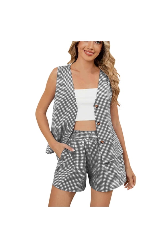 Women’s Summer Casual 2 Piece Short Sets 2026 Button Suit Vest Tops Shorts Dressy Business Work Outfits 2 Piece Sets For Women