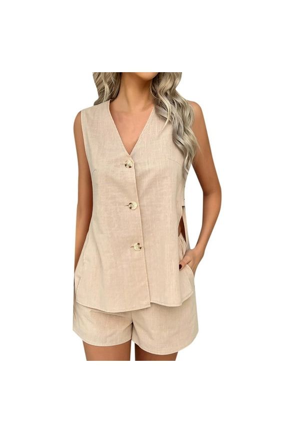 Women’s Summer Casual 2 Piece Short Sets 2026 Button Suit Vest Tops Shorts Dressy Business Work Outfits
