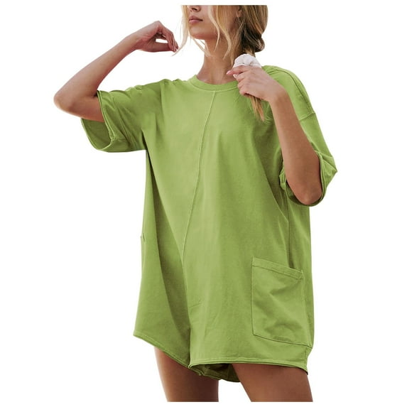 Women's Summer Casual Backless Romper - Short Sleeve Loose Fit Athletic Beach Jumpsuit with Wide Leg