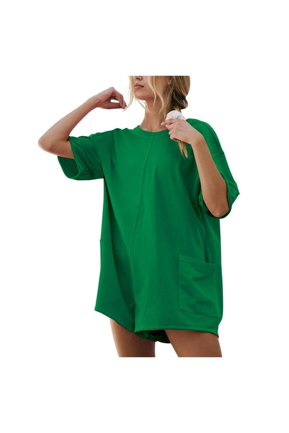 Women's Summer Casual Backless Romper - Short Sleeve Loose Fit Athletic Beach Jumpsuit with Wide Leg