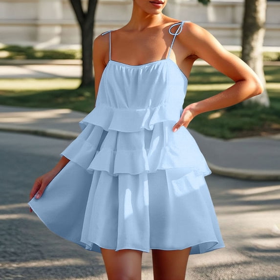 Women's Summer Casual Backless Ruffled Layer Cake Dress Short Sleeve Comfortable Breathable Party Beach Outfit