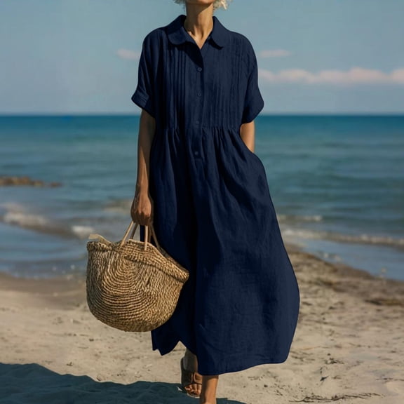 Women's Summer Casual Beach Tunic Dress Loose Button down Front Pleated Midi Long Boho Solid T Shirt Dresses New Summer Dresses for Women Vacation Navy M