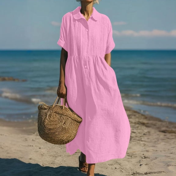 Women's Summer Casual Beach Tunic Dress Loose Button down Front Pleated Midi Long Boho Solid T Shirt Dresses New Holiday Dress for Women Pinky M