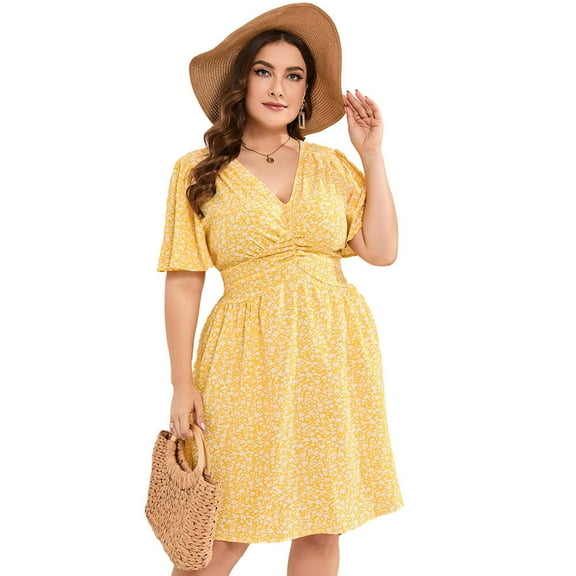 Women's Summer Casual Boho Floral Empire Waist Plus Size Flowy Dress