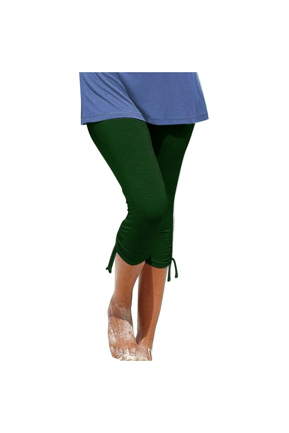 Women's Summer Casual Capris Leggings, Drawstring Solid Cropped Pants Green L