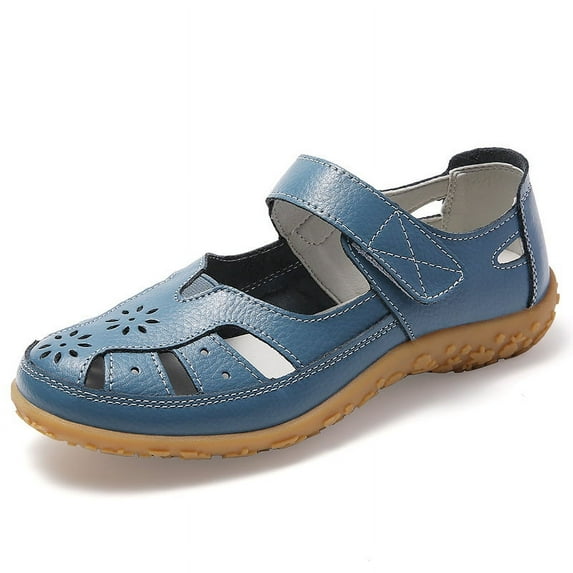 Women's Summer Casual Closed Toe Leather Sandals,Comfortable Soft Sole Ankle Strap Beach Shoes