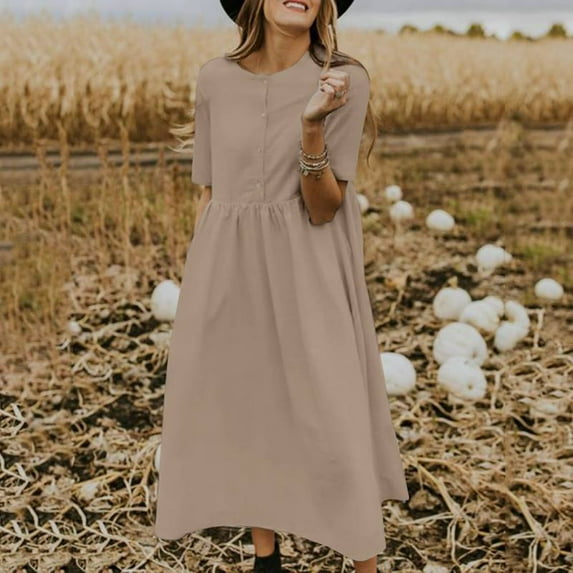 Women's Summer Casual Cotton Linen Dress Short Sleeve Loose Fit Button Down Solid Color Beach Party Daily Wear Comfortable Breathable Polyester Blend