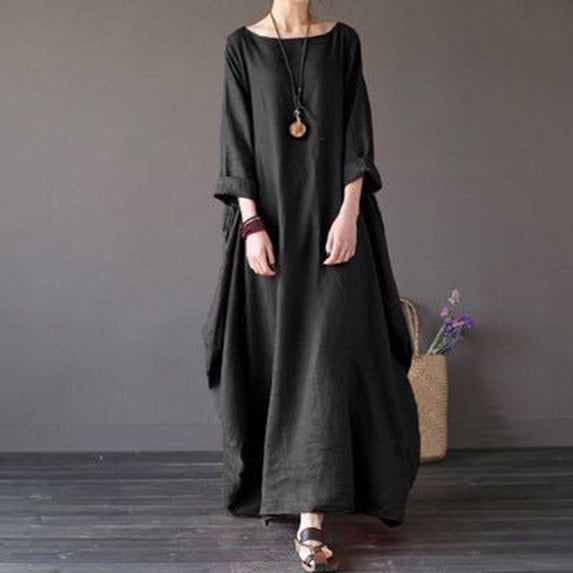 Women's Summer Casual Cotton Linen Loose Short Sleeve Round Neck Solid Midi Dress