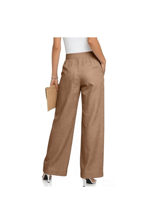 Women's Summer Casual Cotton Linen Palazzo Pants High Waist Wide Leg Loose Fit Pants Camel 2XL