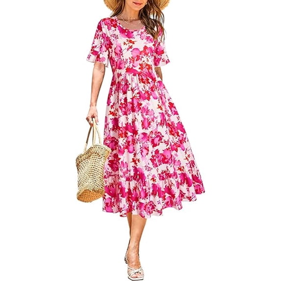 Women's Summer Casual Crew Neck Flutter Short Sleeve Smocked Tiered Maxi Dress-L
