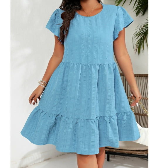 Women's Summer Casual Crew Neck Ndbuld Fashion Women's Summer Solid Camis Comfort Short Sleeve Round-Neck Dress Summer Savings Evergreen Sky Blue L