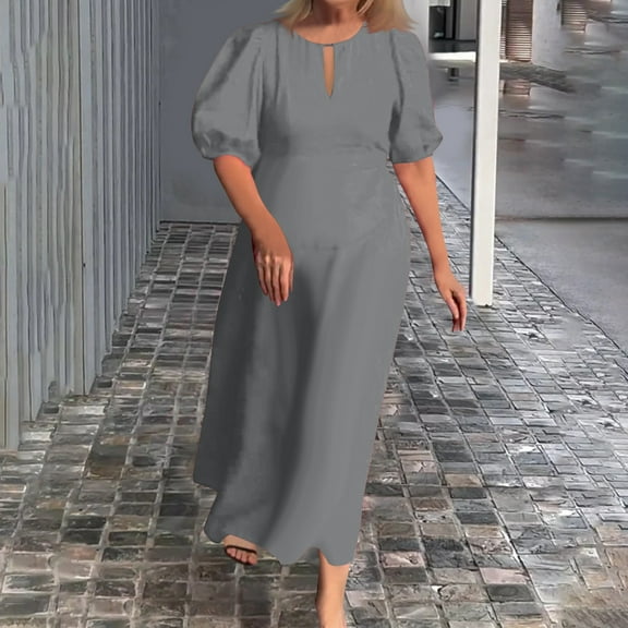 Women's Summer Casual Crew Neck Ndbuld Fashion Women's Summer Temperament Solid Short Sleeve Round-Neck Dress Evergreen Gray M