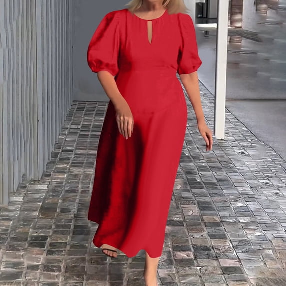 Women's Summer Casual Crew Neck Ndbuld Fashion Women's Summer Temperament Solid Short Sleeve Round-Neck Dress Summer Savings Evergreen Red XL